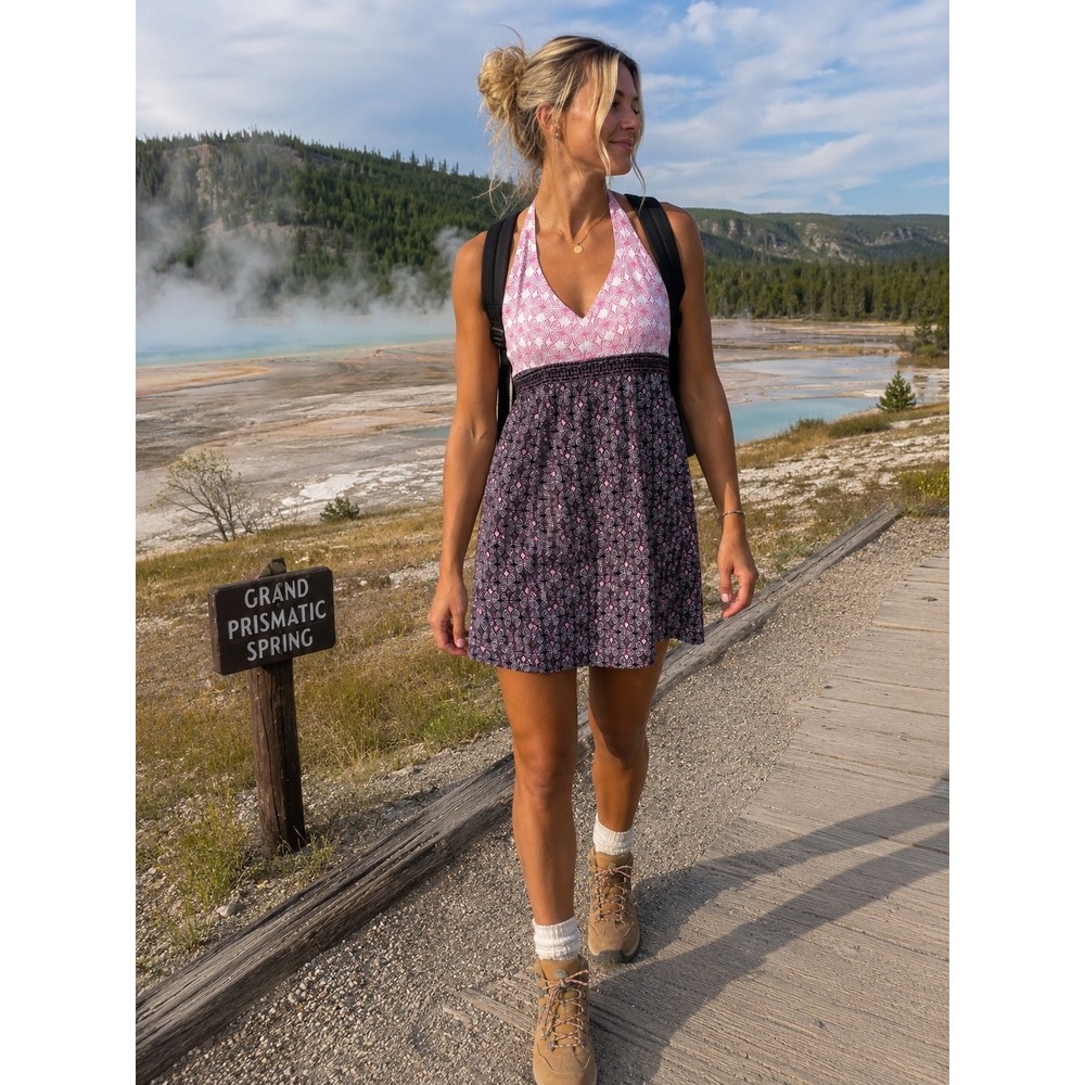 Athleta Halter Mini Dress Pink Purple Geometric Medallion Print Size 4 X4